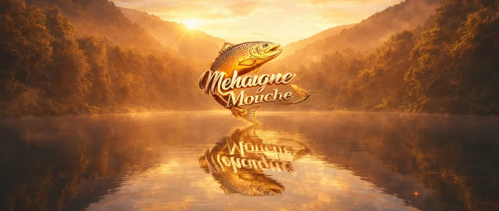 Logo Mehaigne Mouche, une truite dorée, au-dessus d’un lac dans la brume au lever du soleil
